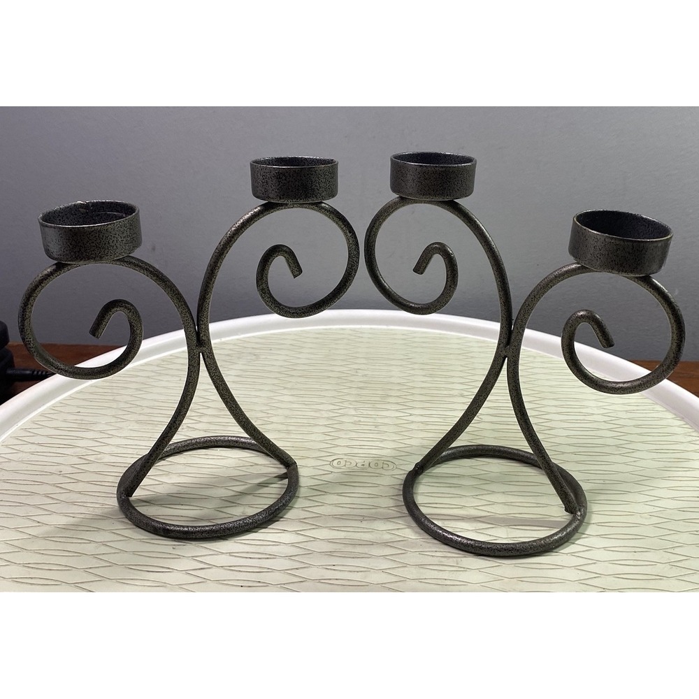 2 Vintage Y2K Metal Curly Swirl Votive Candle Holders Dark Gray 7" Tall
